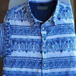 NWOT Rogue State Blue Paisley Pearl Snap-Front Shirt L cotton collared s.sleeve